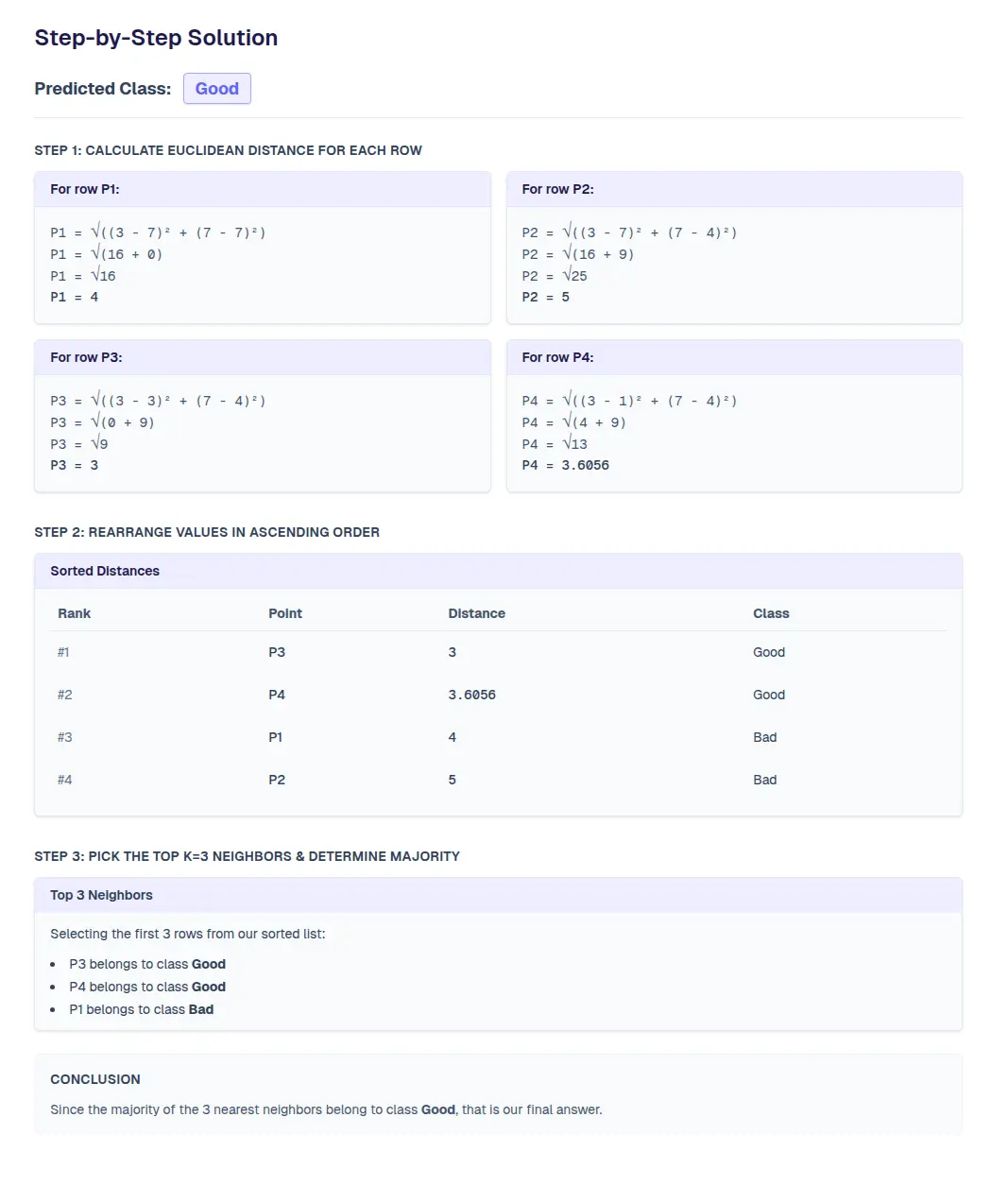 Example of K-Nearest Neighbors (KNN) manual calculation steps generated by StepByStepML