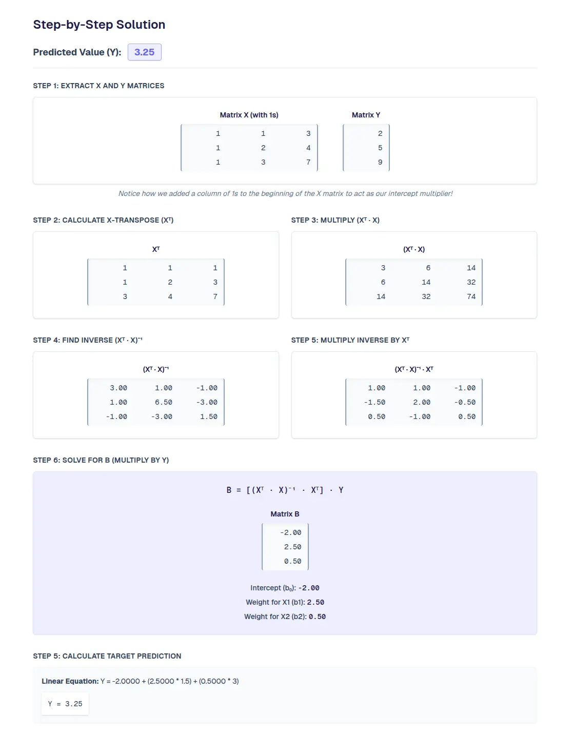 Example of Multiple Linear Regression manual calculation steps generated by StepByStepML